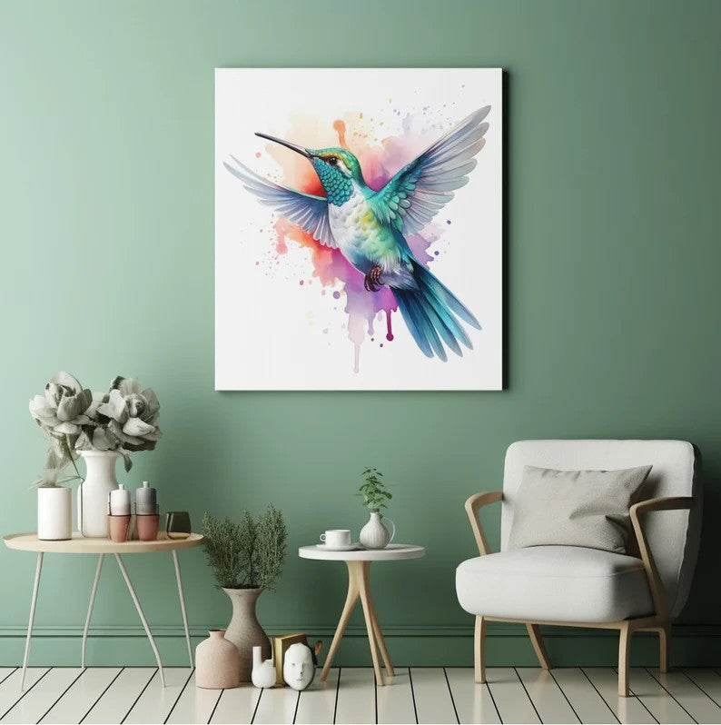 Kolibri Leinwand, Kolibri Wandkunst, Aquarell Kolibri Kunstwerk, Minimalistisches Kunstdesign, Wohnzimmer Dekor