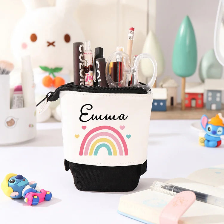 Personalisiertes Federmäppchen mit individuellem Namen, Regenbogen-Stiftetasche, Canvas, PU-Leder, Geschenk für Kinder zum Schulanfang