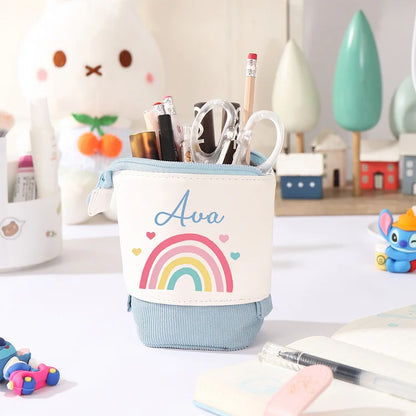 Personalisiertes Federmäppchen mit individuellem Namen, Regenbogen-Stiftetasche, Canvas, PU-Leder, Geschenk für Kinder zum Schulanfang