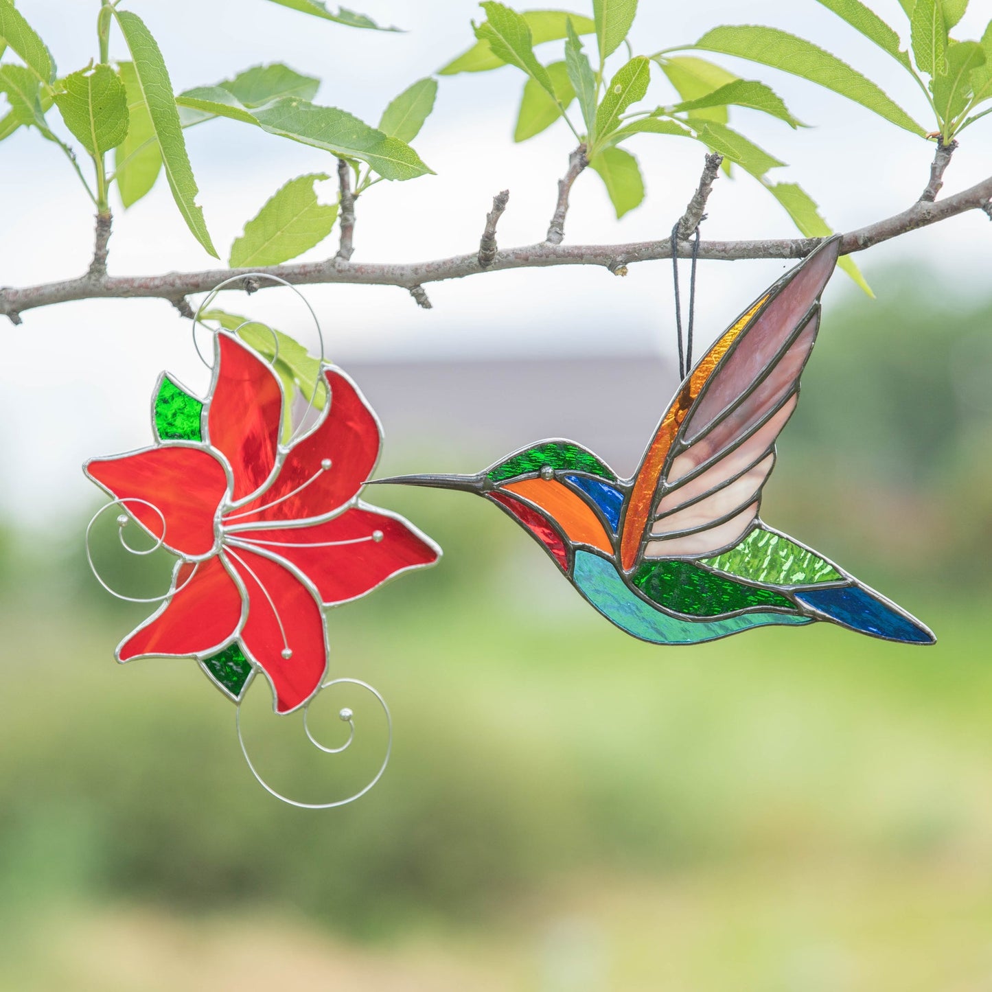 FLYING HUMMINGBIRD STAINED GLASS WINDOW ART