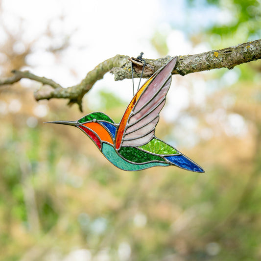 FLYING HUMMINGBIRD STAINED GLASS WINDOW ART