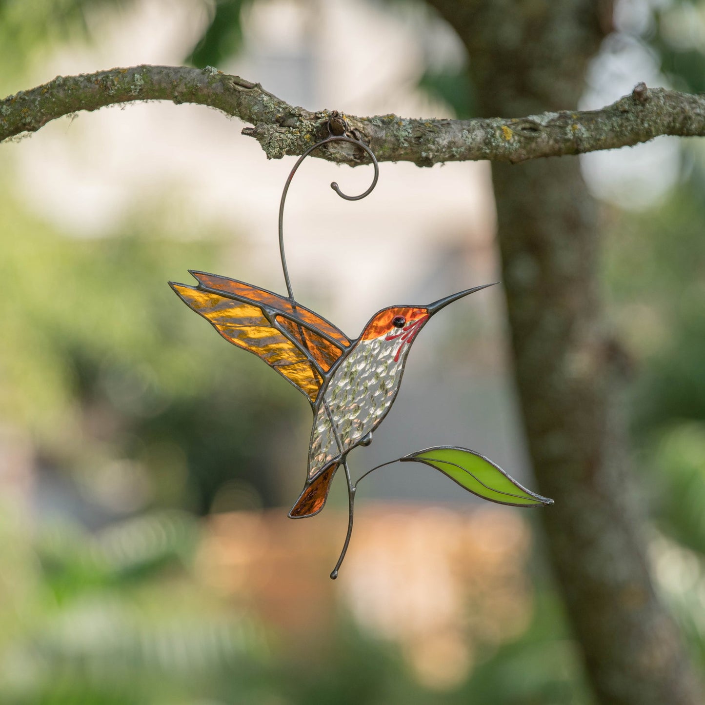 SUNCATCHER STAINED GLASS "FLYING GOLDEN HUMMINGBIRD"