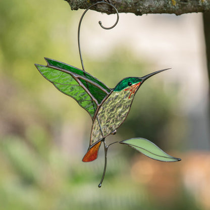 SUNCATCHER STAINED GLASS "FLYING GOLDEN HUMMINGBIRD"