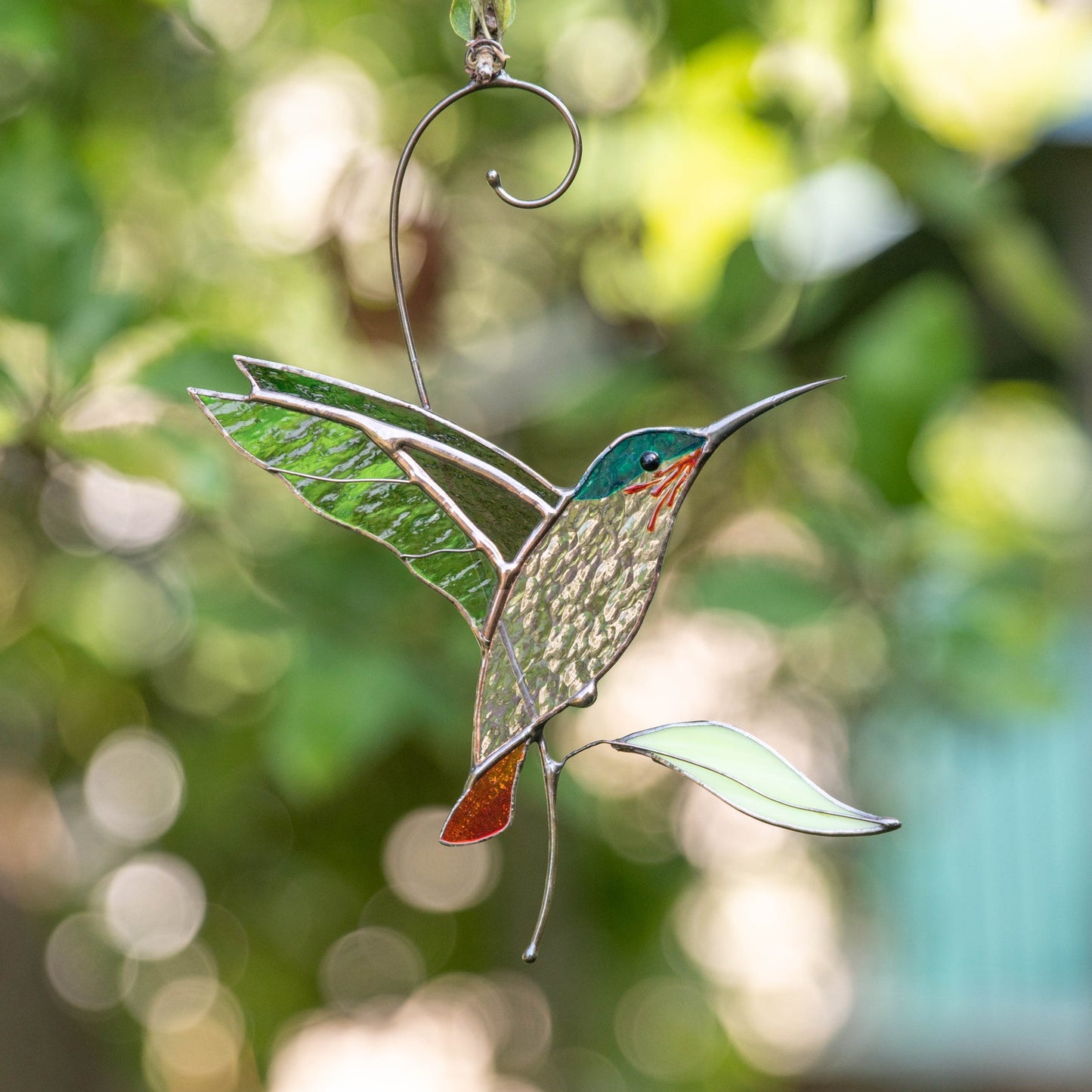 SUNCATCHER STAINED GLASS "FLYING GOLDEN HUMMINGBIRD"