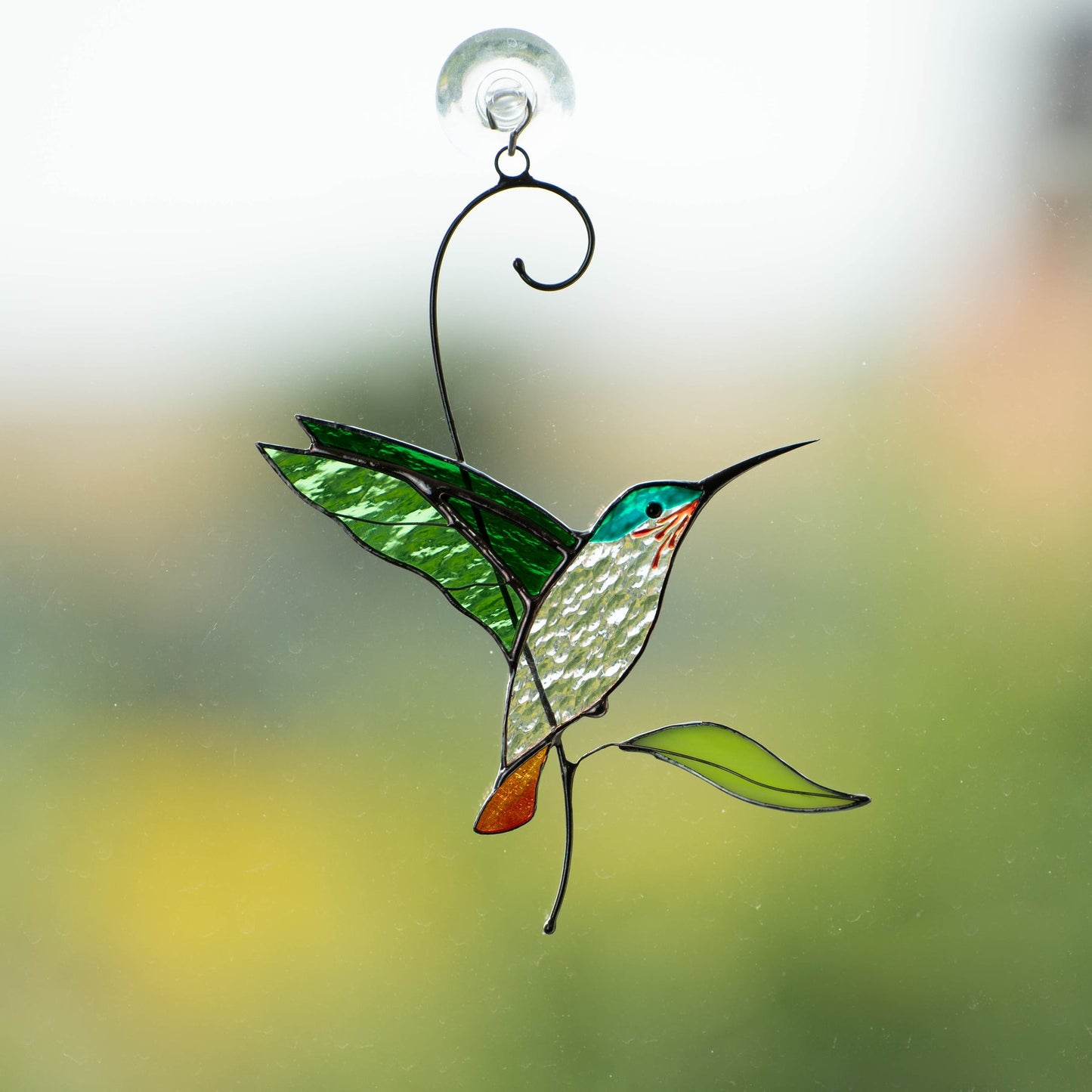 SUNCATCHER STAINED GLASS "FLYING GOLDEN HUMMINGBIRD"