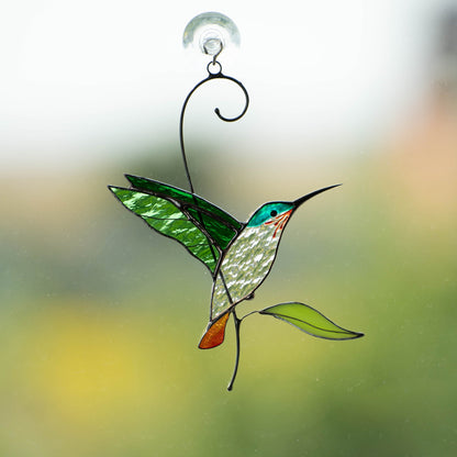 SUNCATCHER STAINED GLASS "FLYING GOLDEN HUMMINGBIRD"