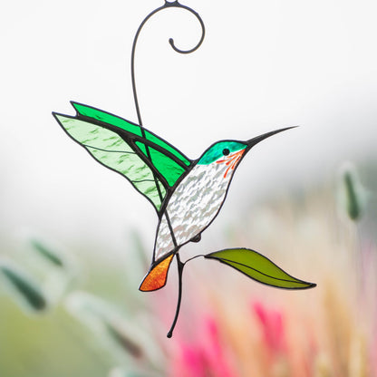 SUNCATCHER STAINED GLASS "FLYING GOLDEN HUMMINGBIRD"