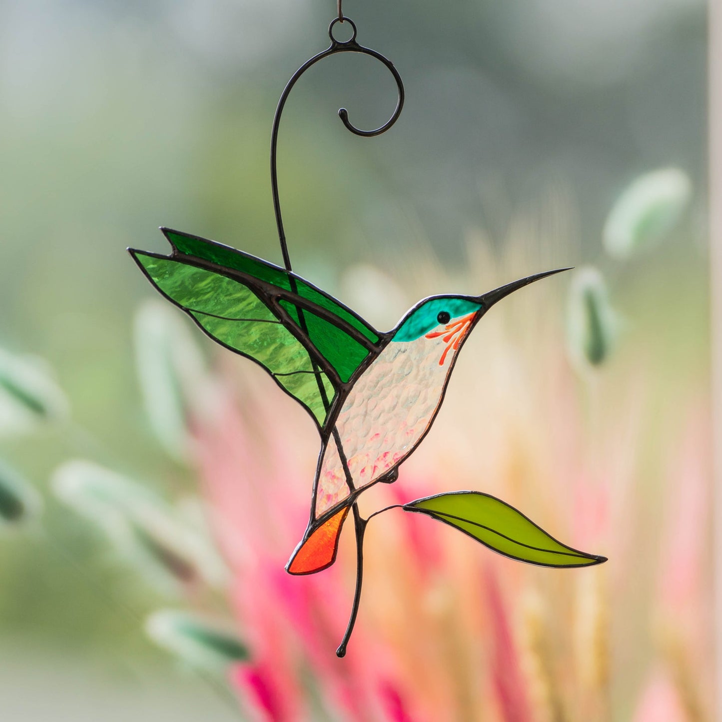 SUNCATCHER STAINED GLASS "FLYING GOLDEN HUMMINGBIRD"