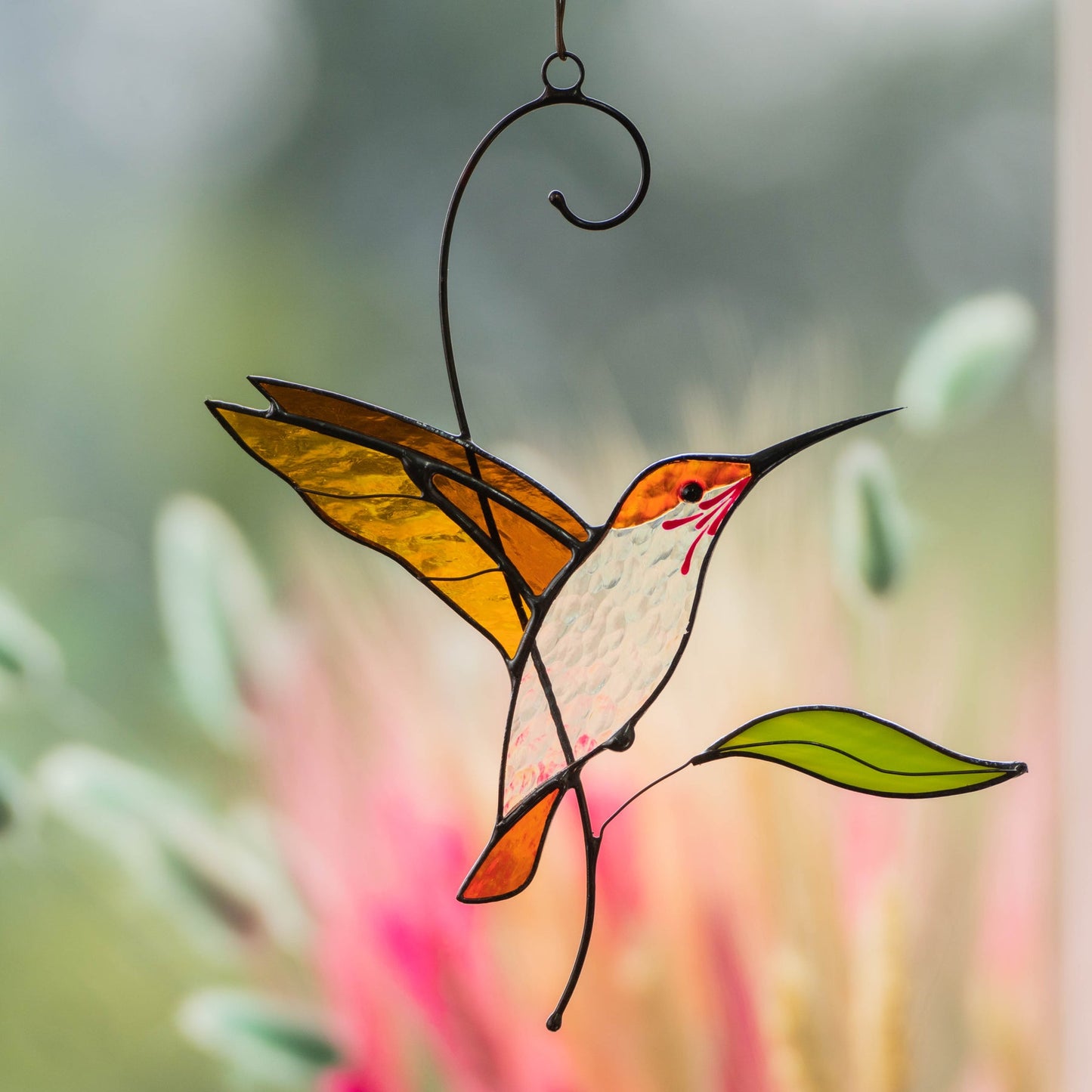 SUNCATCHER STAINED GLASS "FLYING GOLDEN HUMMINGBIRD"