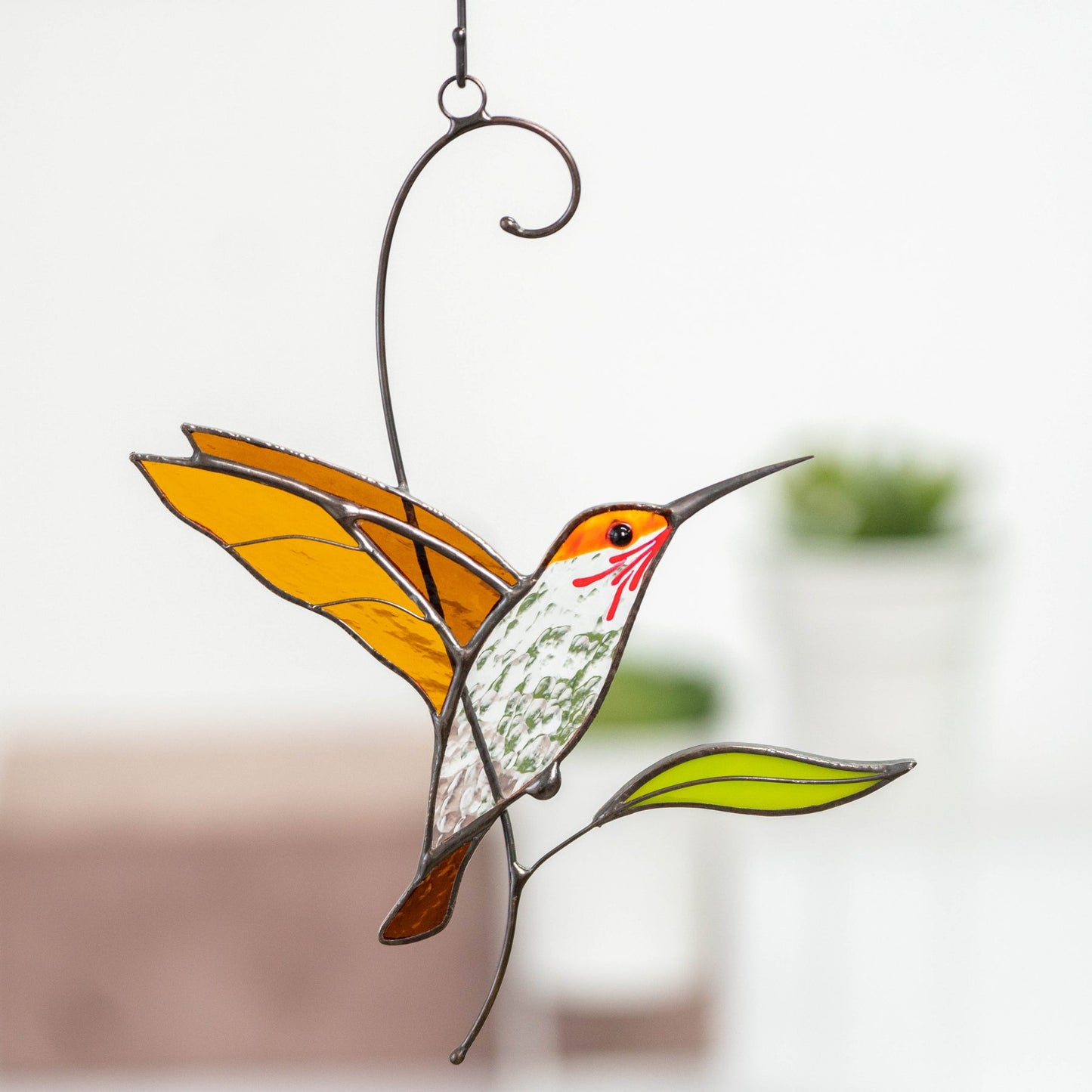 SUNCATCHER STAINED GLASS "FLYING GOLDEN HUMMINGBIRD"