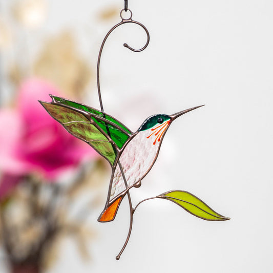 SUNCATCHER STAINED GLASS "FLYING GOLDEN HUMMINGBIRD"