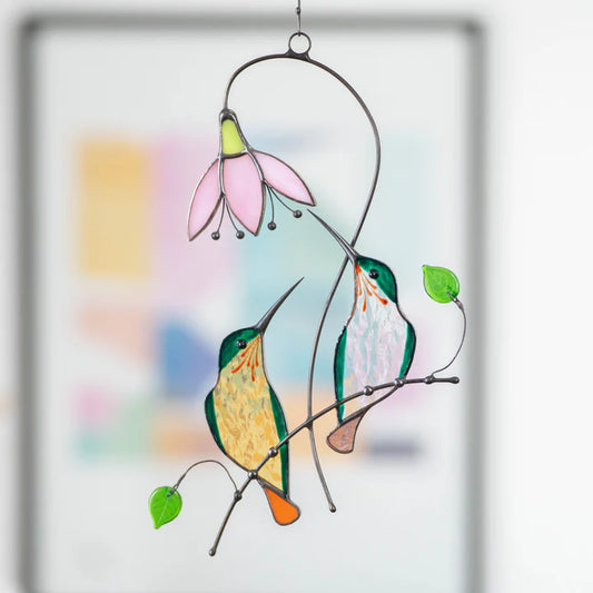 PAIR OF GREEN HUMMINGBIRDS STAINED GLASS