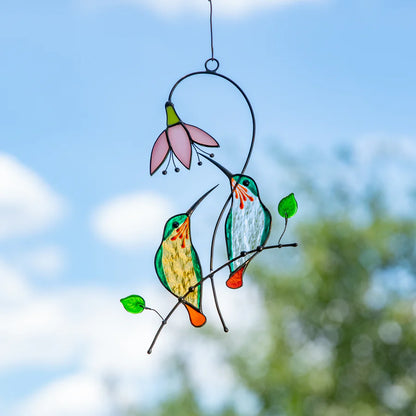 PAIR OF GREEN HUMMINGBIRDS STAINED GLASS