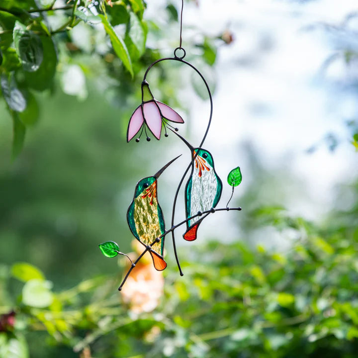 PAIR OF GREEN HUMMINGBIRDS STAINED GLASS