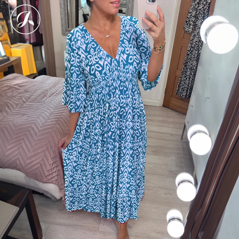 Janisie - MOTHER'S DAY SALE 80% - Robe longue bohème décontractée imprimée col en V taille froncée