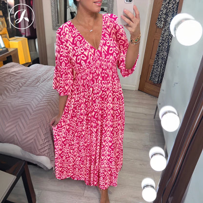 Janisie - MOTHER'S DAY SALE 80% - Robe longue bohème décontractée imprimée col en V taille froncée