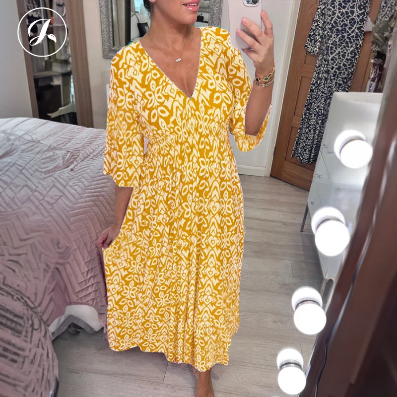 Janisie - MOTHER'S DAY SALE 80% - Robe longue bohème décontractée imprimée col en V taille froncée