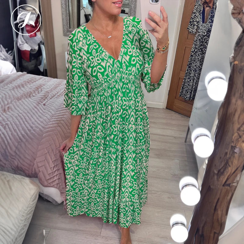 Janisie - MOTHER'S DAY SALE 80% - Robe longue bohème décontractée imprimée col en V taille froncée