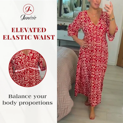 Janisie - MOTHER'S DAY SALE 80% - Bohemian casual print V-neck shirred waist long dress