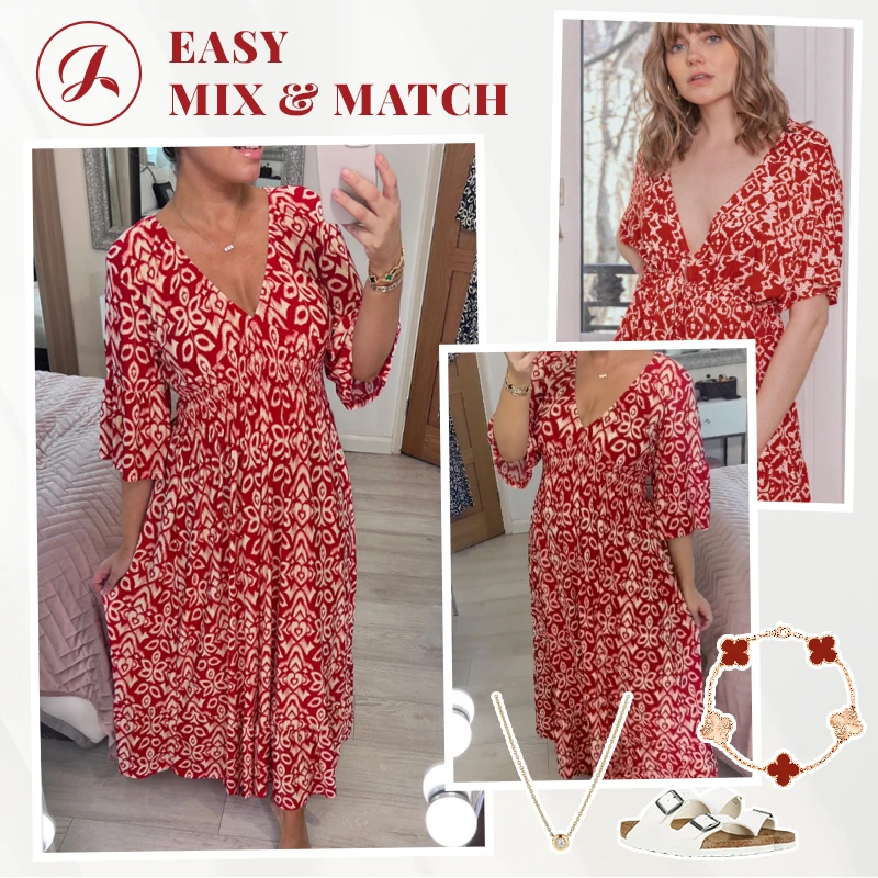 Janisie - MUTTERTAGSSALE 80 % - Lässiges Bohemian-Kleid mit V-Ausschnitt und geraffter Taille