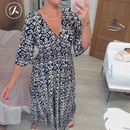 Janisie - MOTHER'S DAY SALE 80% - Robe longue bohème décontractée imprimée col en V taille froncée