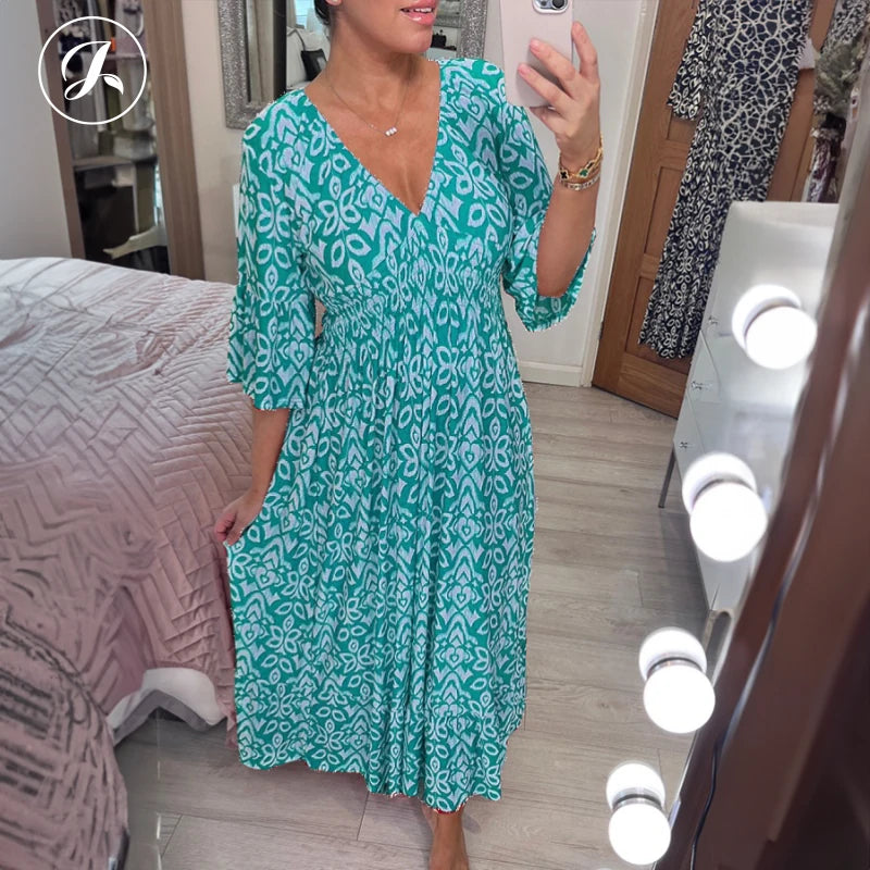 Janisie - MOTHER'S DAY SALE 80% - Robe longue bohème décontractée imprimée col en V taille froncée