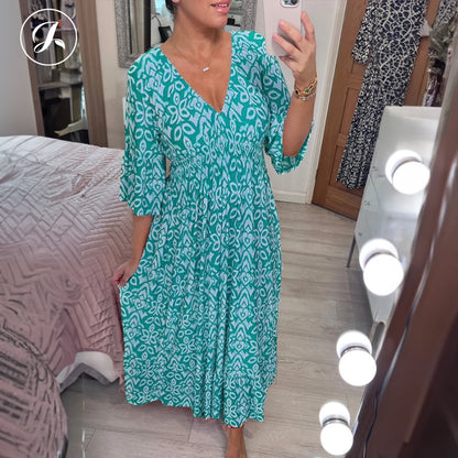 Janisie - MOTHER'S DAY SALE 80% - Bohemian casual print V-neck shirred waist long dress