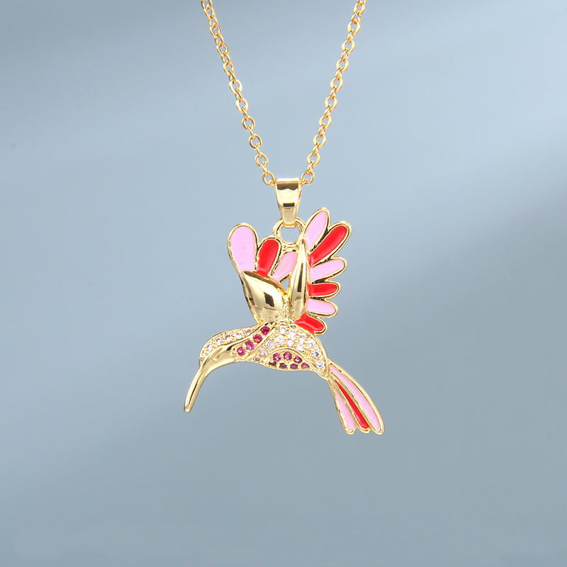 Lady Animal Bird Copper Enamel Plating Inlay Zircon Pendant Necklace