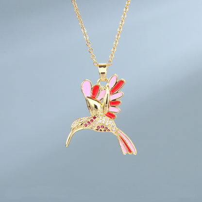 Lady Animal Bird Copper Enamel Plating Inlay Zircon Pendant Necklace