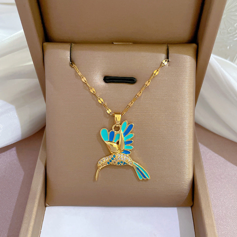 Lady Animal Bird Copper Enamel Plating Inlay Zircon Pendant Necklace