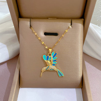 Lady Animal Bird Copper Enamel Plating Inlay Zircon Pendant Necklace