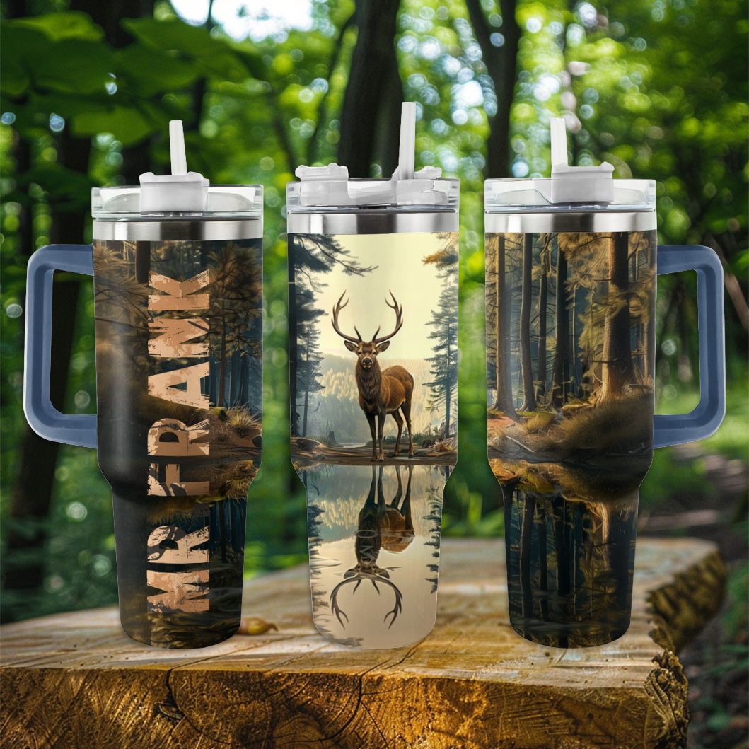 40 Oz Shineful Personalisierter Becher Jagdliebhaber Bock/Hirsch mit Spiegelung in einem See