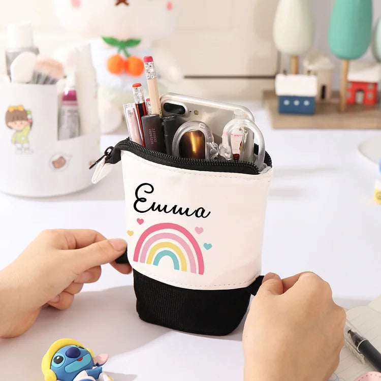 Personalized Pencil Case Custom Name Rainbow Pen Pouch Canvas PU Leather Back To School Gift for Kids