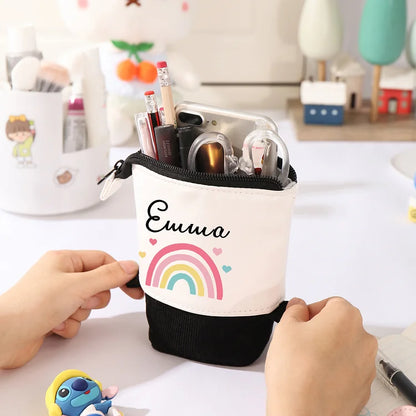 Personalisiertes Federmäppchen mit individuellem Namen, Regenbogen-Stiftetasche, Canvas, PU-Leder, Geschenk für Kinder zum Schulanfang