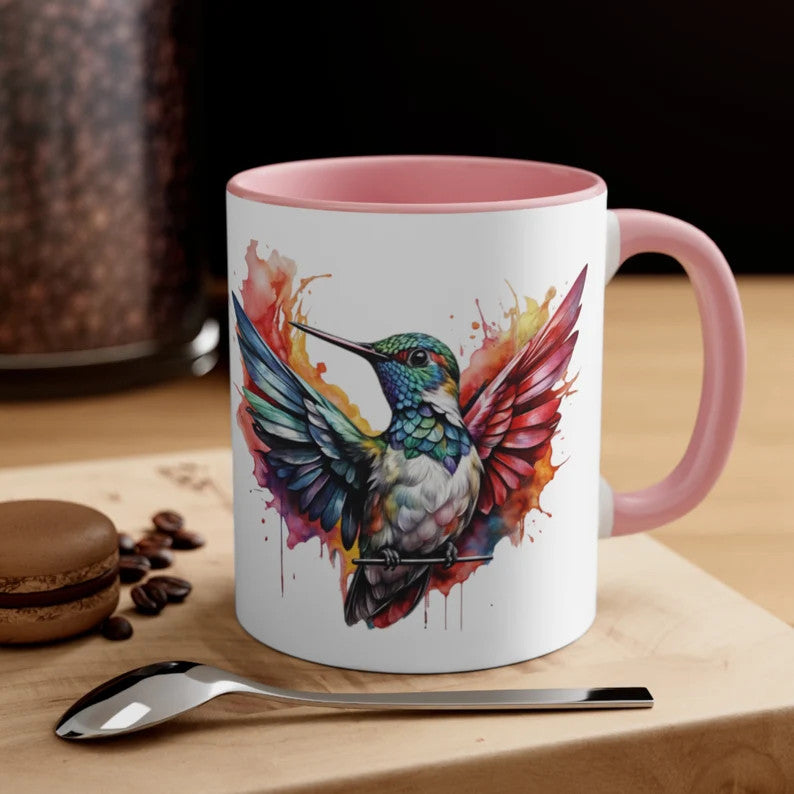 Kolibri-Tasse, ein farbenfrohes Geschenk für Vogelliebhaber, künstlerische Kolibri-Tasse, Aquarell-Kolibri-Design, lebendiger Akzent, Kaffeetasse, 312 ml