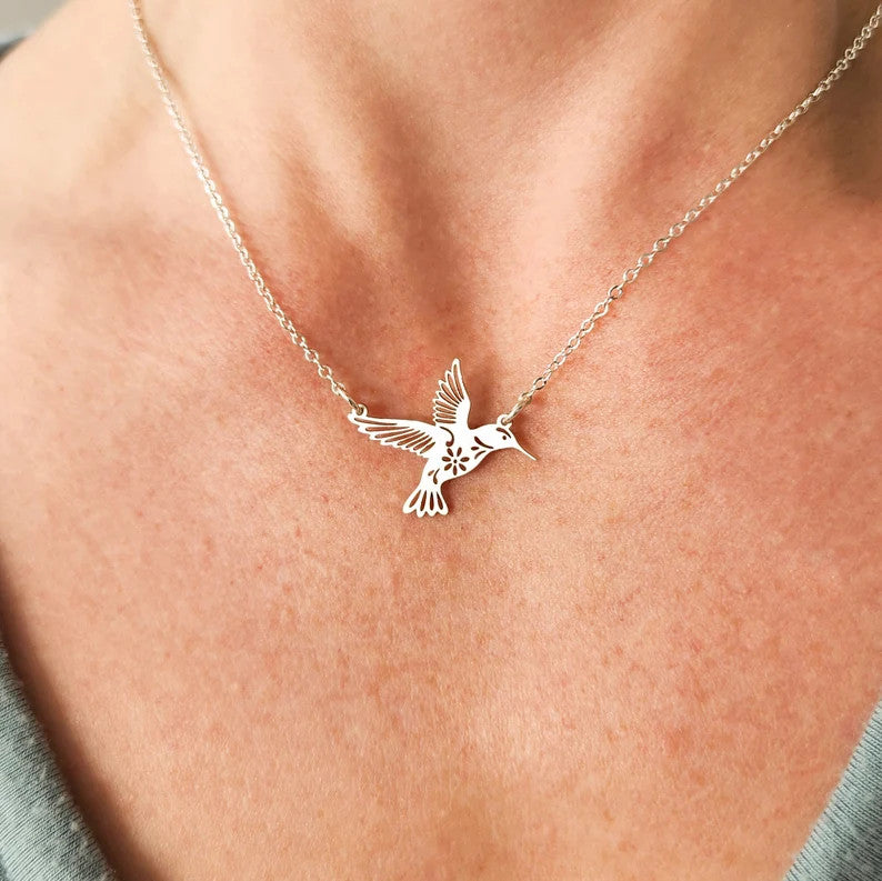 Hummingbird Necklace • Sterling Silver Bird Lover Charm Jewelry • Cutout Geometric Avian Hummer Gift • Intricate Outline Silhouette Winged