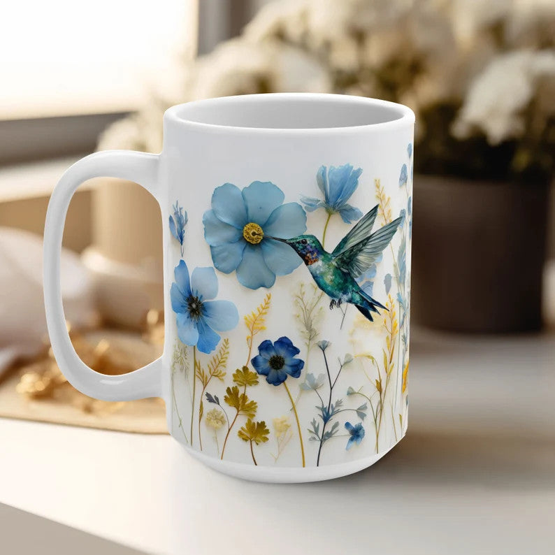 Pressed Flowers and Hummingbird Mug - Floral Elegance Meets Nature's Harmony