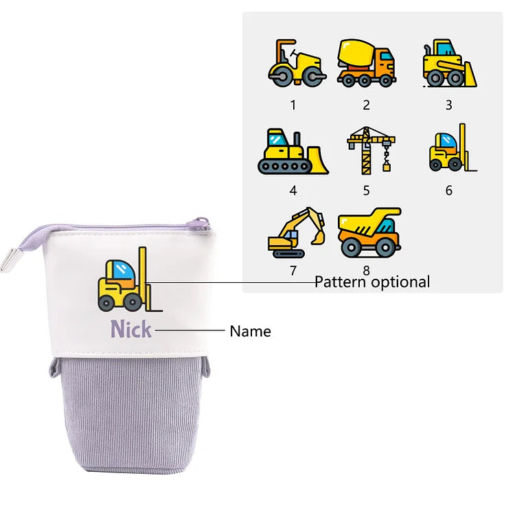 Personalisiertes Federmäppchen mit individuellem Namen und Fahrzeugmuster, Stiftetasche, Schulanfang, Geschenk für Söhne und Töchter