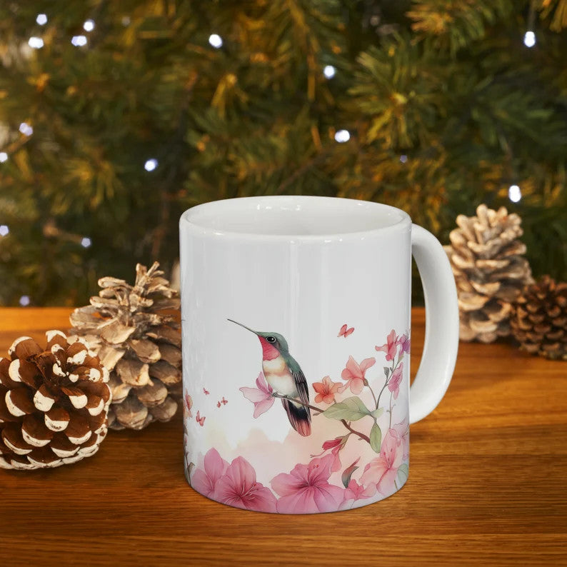 Kolibri Aquarelltasse - Geschenk für Vogelliebhaber - Geschenke für Sie - Kaffeetasse mit Blumen-Azaleen - Vogel-Teetasse - Kaffeetasse mit Frühlingsblumen