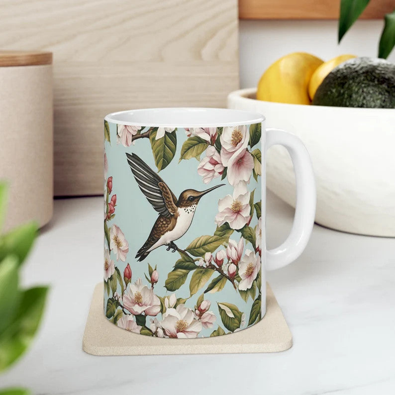 Tasse à café personnalisée Colibri &amp; Floral, tasse à café en céramique de 11 oz, cadeau pour l’amant de colibri ornithologue amateur, amoureux de la nature