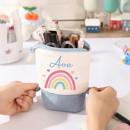 Personalisiertes Federmäppchen mit individuellem Namen, Regenbogen-Stiftetasche, Canvas, PU-Leder, Geschenk für Kinder zum Schulanfang