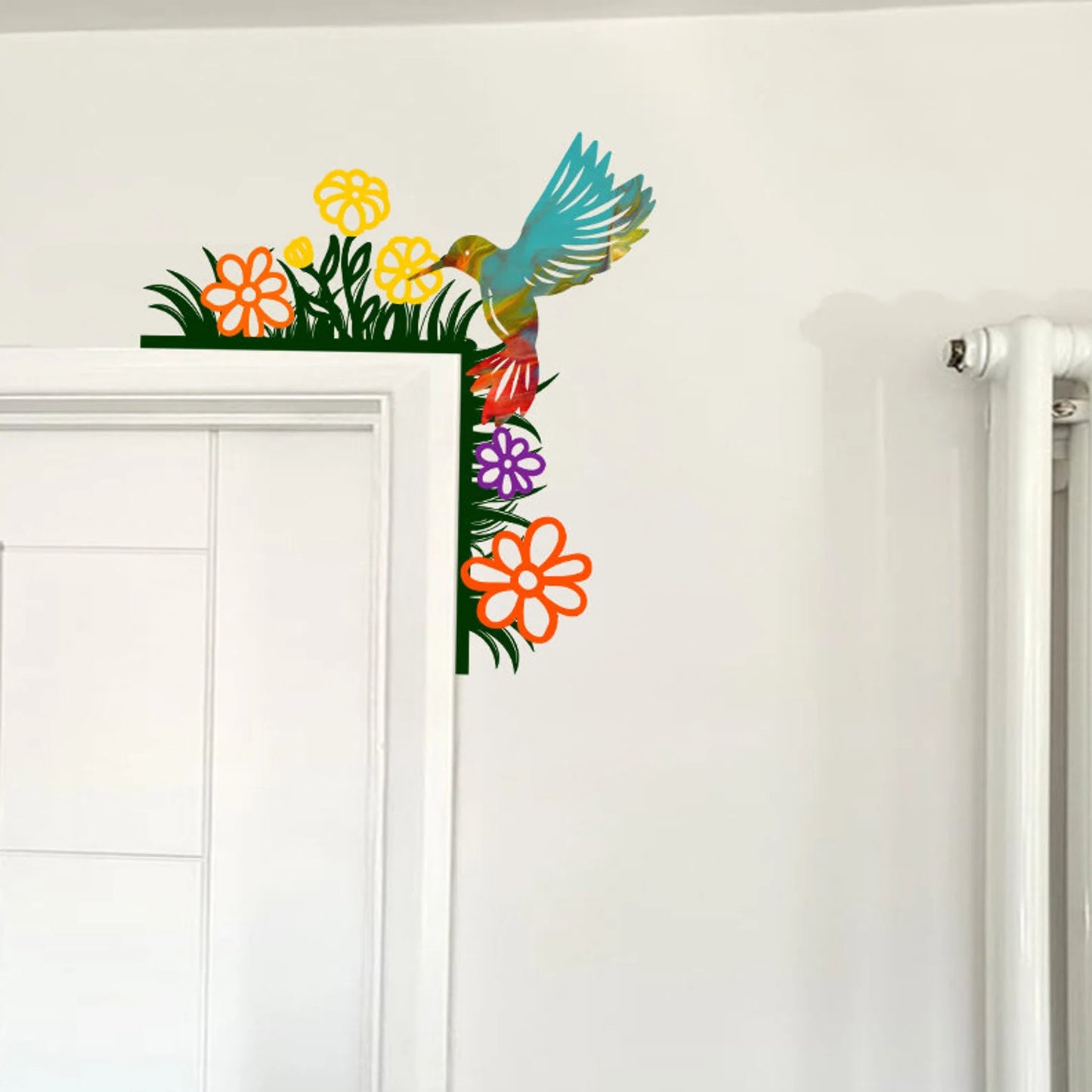 Panneau d’angle de porte en bois de colibri, topper de porte d’oiseaux, topper de garniture de porte de colibri, gardien de porte, art mural d’oiseau, décor de colibri