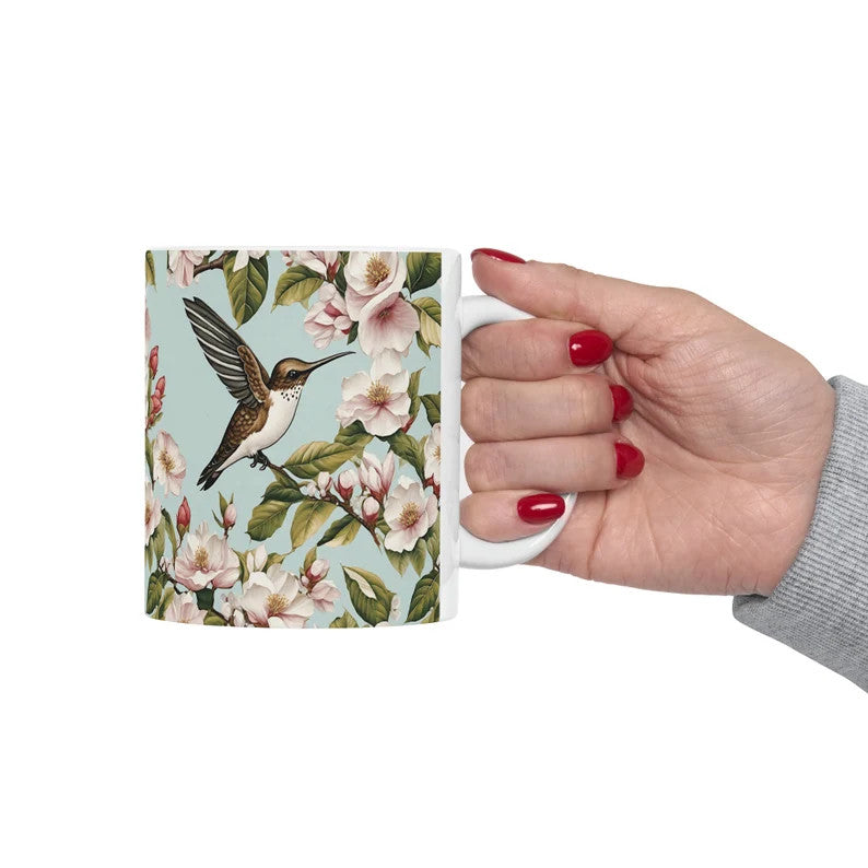 Personalisierte Kolibri &amp; Blumen Kaffeetasse, 11oz Keramik Kaffeetasse, Geschenk für Vogelbeobachter, Vogelbeobachter, Kolibri Liebhaber, Naturliebhaber