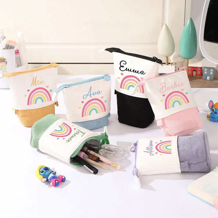 Personalisiertes Federmäppchen mit individuellem Namen, Regenbogen-Stiftetasche, Canvas, PU-Leder, Geschenk für Kinder zum Schulanfang