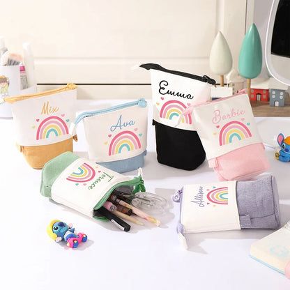 Personalisiertes Federmäppchen mit individuellem Namen, Regenbogen-Stiftetasche, Canvas, PU-Leder, Geschenk für Kinder zum Schulanfang