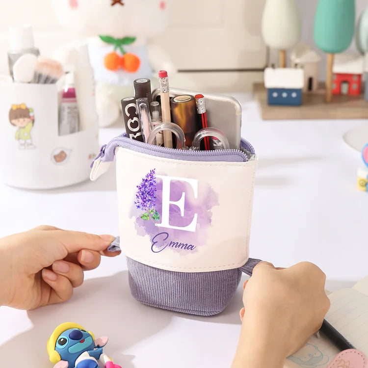 Personalisiertes Federmäppchen mit Namen, Buchstaben und Geburtstagsblumen-Stiftetasche, Schulanfangsgeschenk für Kinder