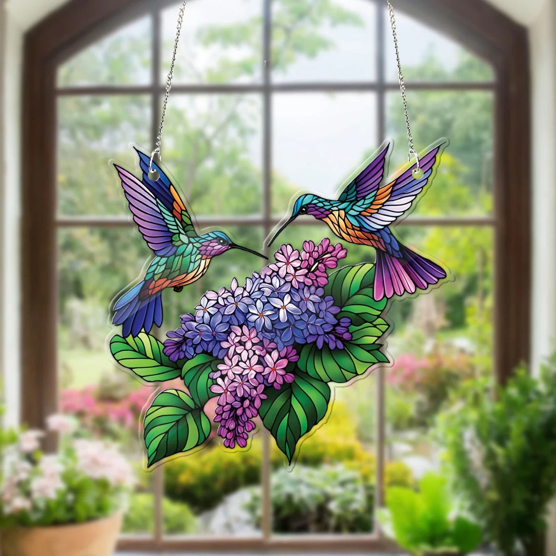 Upgrade your home decor with this stunning Hummingbird Acrylic Window hanging. Perfect for Lilac lovers, bird nerds, and anyone who appreciates beautiful home decor 2