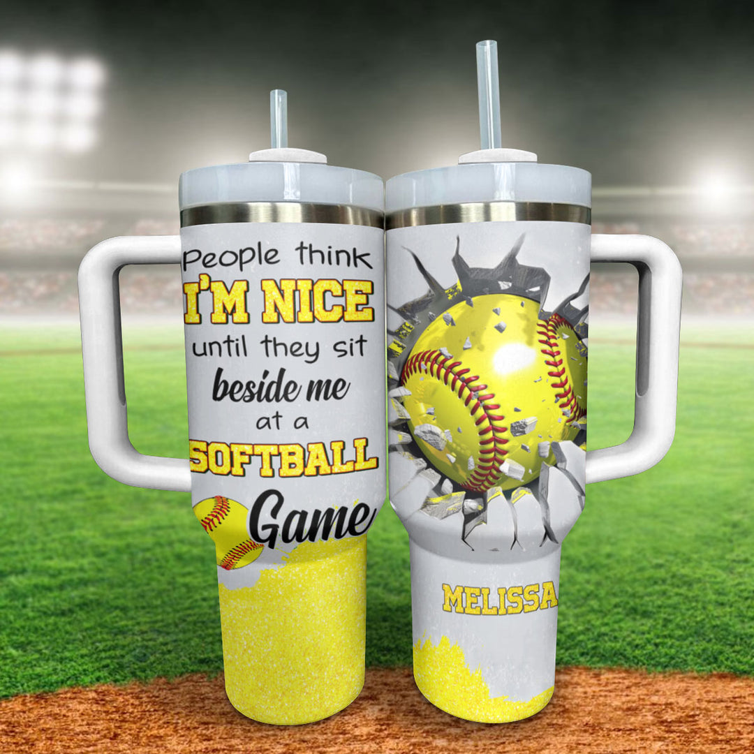 40 Oz Softball Shiny Glossy Tumbler Ich bei einem Softball-Spiel