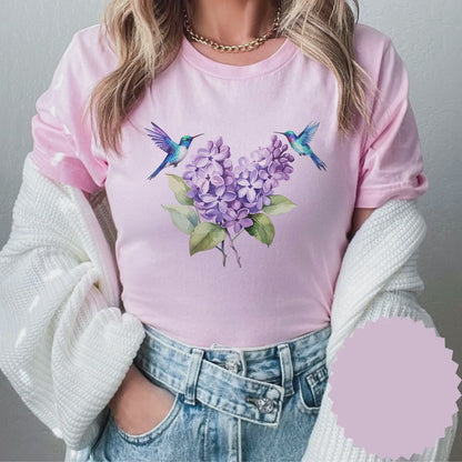 Hummingbird T-Shirt, Spring Bird Lover Lilac Bird Shirt, Hummingbird Wildflower Gift, Wildlife Shirt, Womens Plus Size Floral Ladies Tee Top