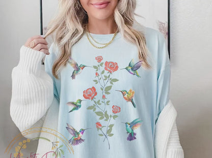 Hummingbird Shirt for Birthday Gift for Bird Lovers, Gift for Her, Humming bird Floral Design shirt, Bird Shirt Gift, Hummingbird Flowers